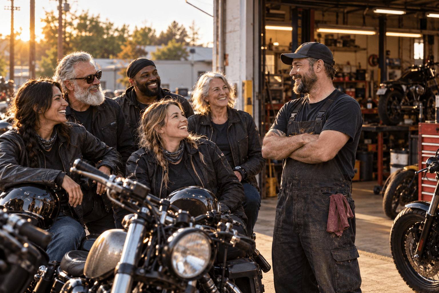 Riders and independent shop staff outside an independent motorcycle repair shop.